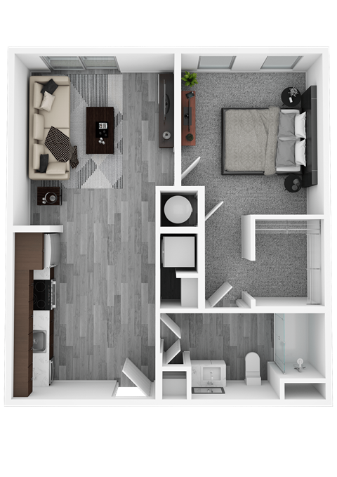 Floor plan for 1 bed, 1 bath, 673 sqft